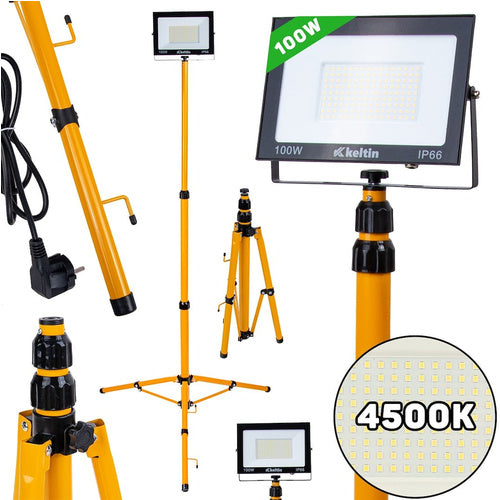 LED construction spotlight on tripod GEKO K02063, 100 W, 10000 lm, 4500 K, 144 SMD LEDs, height 60–160 cm