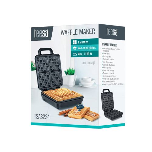 Electric stainless steel contact waffle maker for baking 4 large waffles 1100W