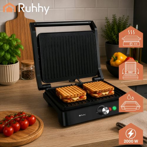 Kitchen grill, toaster and toaster Ruhhy 2in1 2000W, non-stick plates, adjustable temperature, removable tray, black