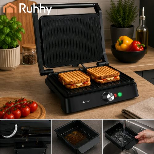 Kitchen grill, toaster and toaster Ruhhy 2in1 2000W, non-stick plates, adjustable temperature, removable tray, black