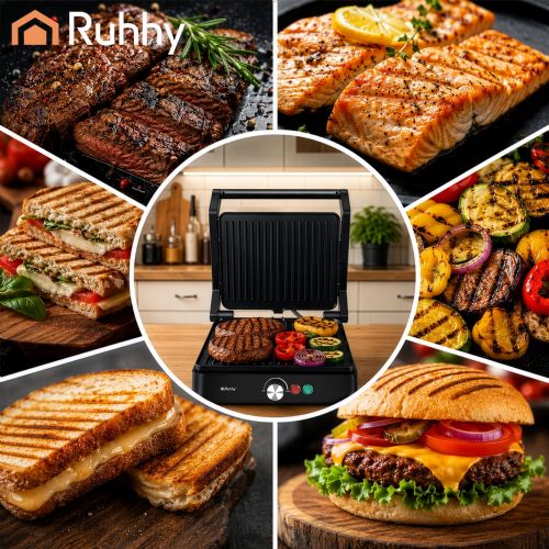 Kitchen grill, toaster and toaster Ruhhy 2in1 2000W, non-stick plates, adjustable temperature, removable tray, black