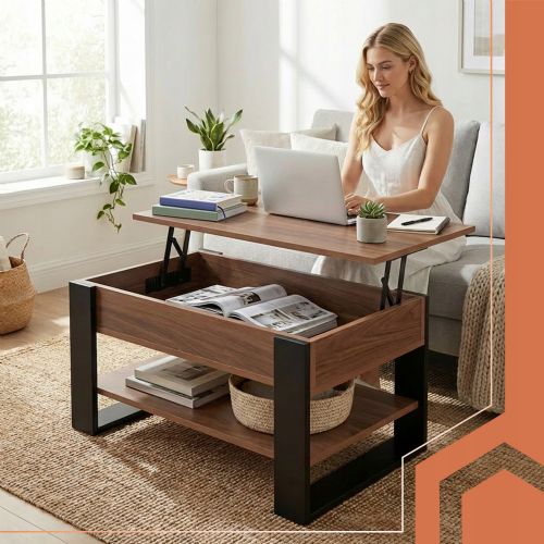 Kruzzel 3-in-1 coffee table, liftable table top, storage space, 92 × 51 × 47 cm, oak and black