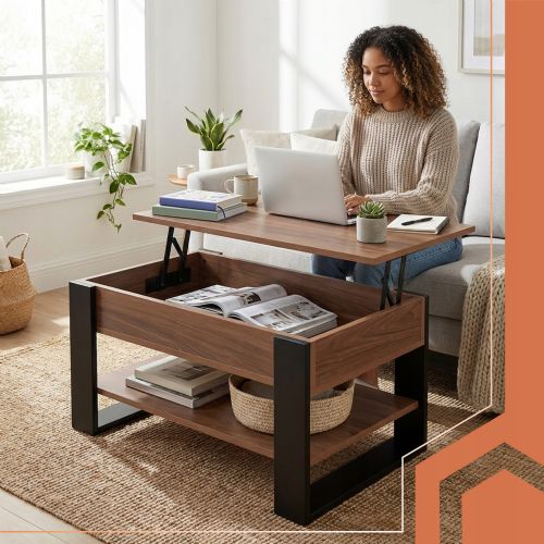 Kruzzel 3-in-1 coffee table, liftable table top, storage space, 92 × 51 × 47 cm, oak and black
