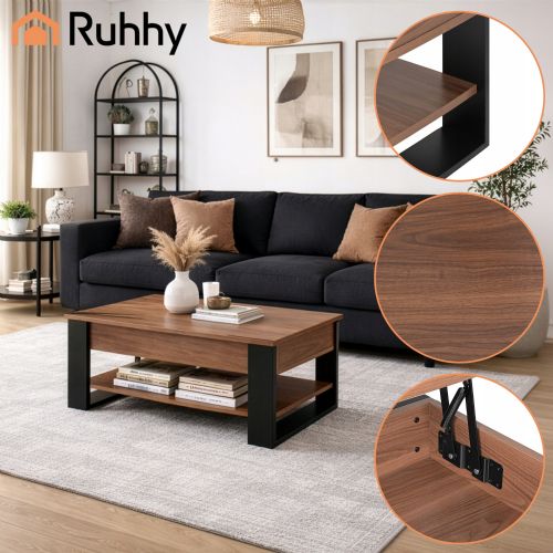 Kruzzel 3-in-1 coffee table, liftable table top, storage space, 92 × 51 × 47 cm, oak and black
