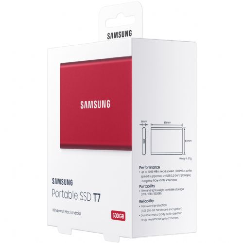 Zunanji SSD-disk Samsung Portable T7, 500 GB, USB 3.2 Gen2, rdeč