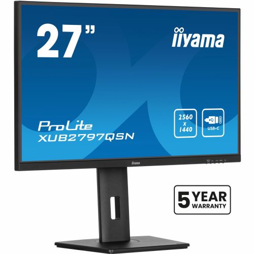 Monitor Iiyama XUB2797QSN-B2, 68,6 cm (27"), 2560 x 1440 (QHD), 16 : 9, QHD, IPS, 1 ms, 100 Hz, HDMI, DP, USB-C (65 W), zvočnik, pivot, črn