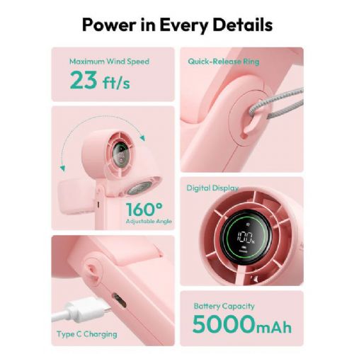 Aecooly Halo 02 3-in-1 Portable Handheld Fan with LED Display and 5000 mAh Battery, Pink (PB02-PK)