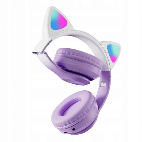 Rechargeable LED RGB wireless gaming headset with cat ears + microphone purple