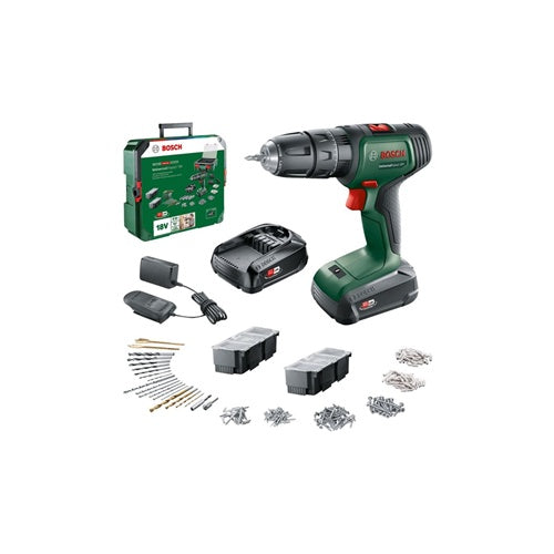 Bosch UniversalImpact 18V cordless screwdriver and drill, 2x 1.5 Ah Li-ion battery, impact drilling, 241-piece set, keyless chuck