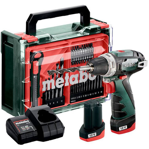 Metabo PowerMaxx BS Basic Set cordless screwdriver and drill, 12 V, 2x 2.0 Ah Li-Ion batteries, LED light, 41-piece accessories, in case