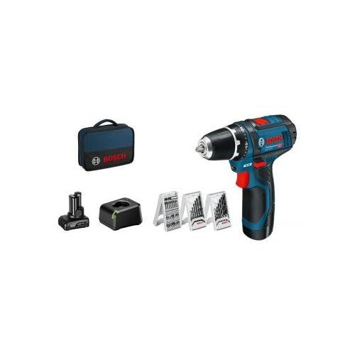 Cordless drill driver Bosch GSR 12V-15 Professional, 12V, 1x Li-Ion battery 2.0Ah, 1x Li-Ion battery 4.0Ah, attachments and drill bit, blue/black