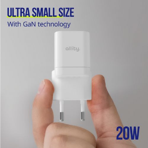 ALLITY ATC-01 charger, GaN technology, 20W, 1x USB-C, 1x USB-A, Quick Charge, white