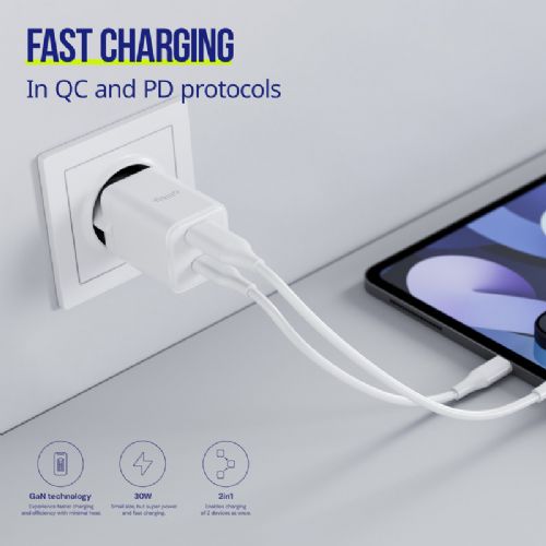 ALLITY ATC-01 GaN charger, 30W, 1x USB-C, 1x USB-A, Power Delivery, Quick Charge, charging / power supply, universal compatibility, Plug&Play, GaN technology, white