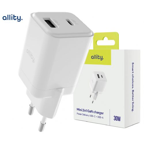 ALLITY ATC-01 GaN charger, 30W, 1x USB-C, 1x USB-A, Power Delivery, Quick Charge, charging / power supply, universal compatibility, Plug&Play, GaN technology, white