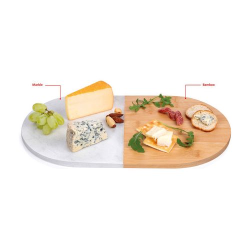 ALPINA oval cutting board, bamboo, marble, 37x22cm, universal, non-slip base, easy to clean, white, brown
