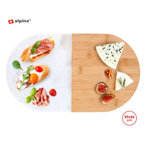 ALPINA oval cutting board, bamboo, marble, 37x22cm, universal, non-slip base, easy to clean, white, brown