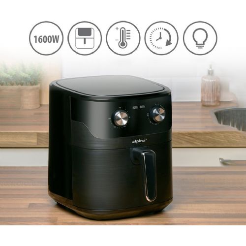 Alpina XXL hot air fryer, 6 l, 1600 W, analog timer, automatic shut-off, oil-free, 80% less fat, black