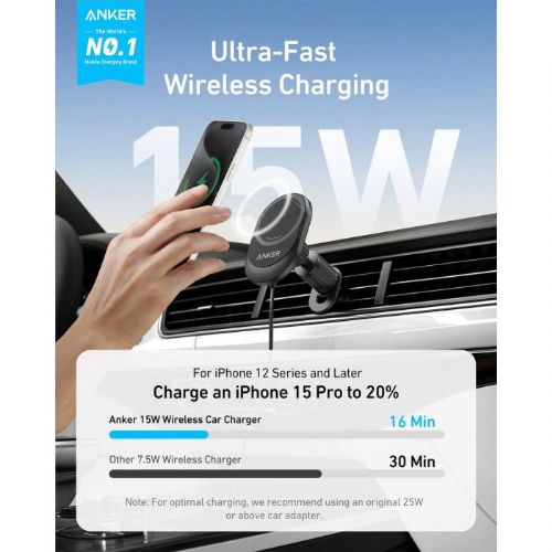Anker MagGo wireless car charger with built-in USB-C cable, 15W