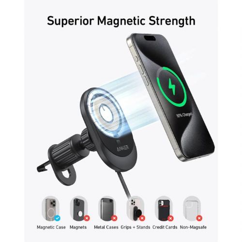 Anker MagGo wireless car charger with built-in USB-C cable, 15W