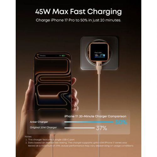 Anker Nano 45W Smart Display Charger, USB-C, fast charging, Care Mode, black