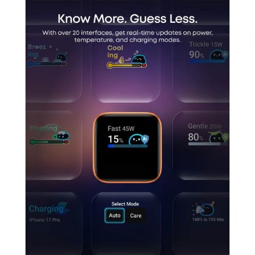 Anker Nano 45W Smart Display Charger, USB-C, fast charging, Care Mode, black