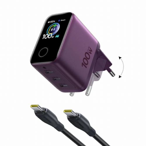 Baseus PicoGo Pro AH22 100W Phone Charger, 3x USB-C, Dual GaN, Smart Display, Foldable Plug, Dark Cherry
