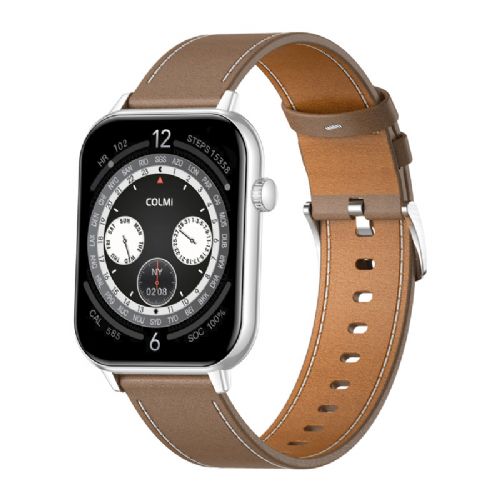 COLMI C28 Smartwatch – Silver + Brown Leather Strap