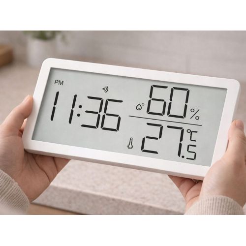 Digital LCD thermometer hygrometer clock 10cm white