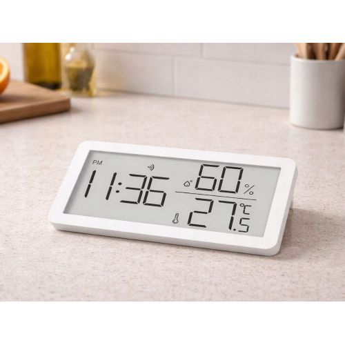 Digital LCD thermometer hygrometer clock 10cm white