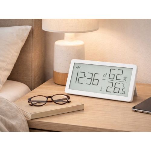 Digital LCD thermometer hygrometer clock 10cm white