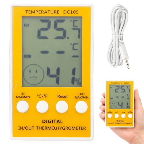 Verk LCD digital thermometer, hygrometer, external probe, yellow