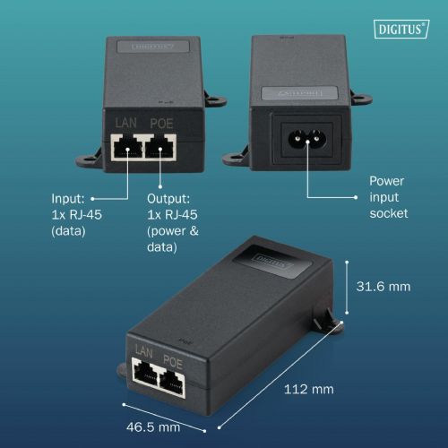 PoE power supply Digitus DN-95104-1 60W, IEEE 802.3bt, Gigabit, 100m range, short circuit protection