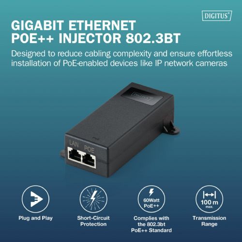 PoE power supply Digitus DN-95104-1 60W, IEEE 802.3bt, Gigabit, 100m range, short circuit protection