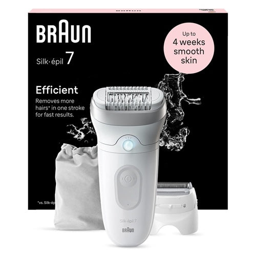 Epilator Braun Silk-epil 7-041, vključno s torbo za shranjevanje, nastavkom za britje, + nastavkom za prirezovanje občutljivih predelov, bela/srebrna