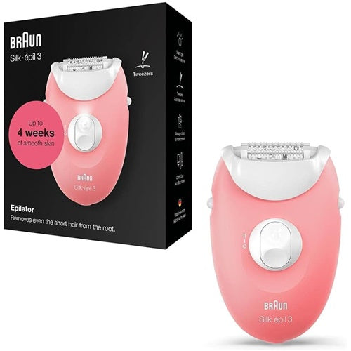 Epilator Braun Silk-épil 3-176, žično delovanje, masažni valjčki, 20 pincet, belo-roza