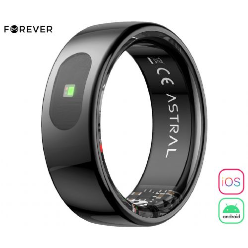 FOREVER Astral SR-100 smart ring, size 8, BT 5.2, Android + iOS, battery, app, health / sleep monitoring, sports modes, 5ATM, + charging station, black (Carbon Black)