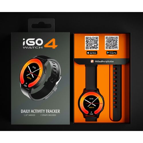 FOREVER iGO4 JW-600 Smartwatch 1.28" AMOLED display, BT 5.3, Android + iOS, battery, app, health monitoring, sleep analysis, 100+ sports modes, 2 straps, IP67, black (Phantom Black)