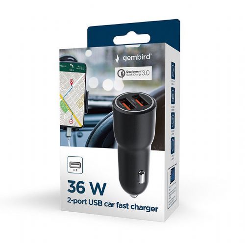 Gembird TA-UC-A2QC36-CAR-01 fast car charger with 2 USB QC ports, black 36 W, 3A