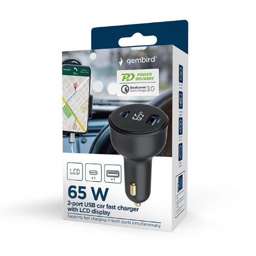 Gembird TA-UC-AC2PD65LCD-CAR-01 fast car charger with 2 USB PD/QC ports, black 65 W, 3.25A LCD (charging status)