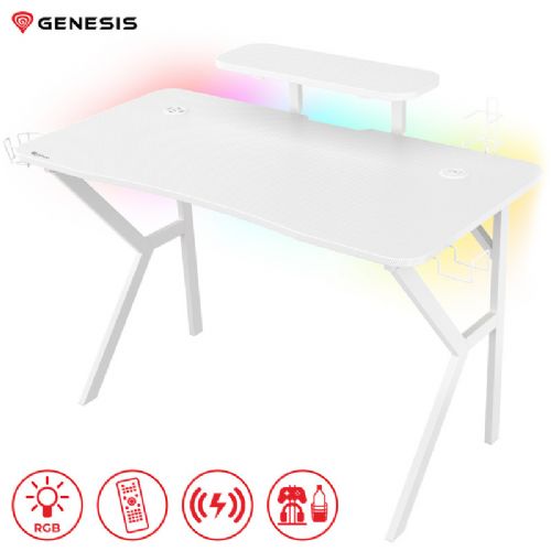 GENESIS HOLM 320 RGB gaming desk, professional, ergonomic, RGB LED lighting, monitor stand, drink / gamepad / headphone holders, 3x USB Type-A input, wireless charger, carbon style, white