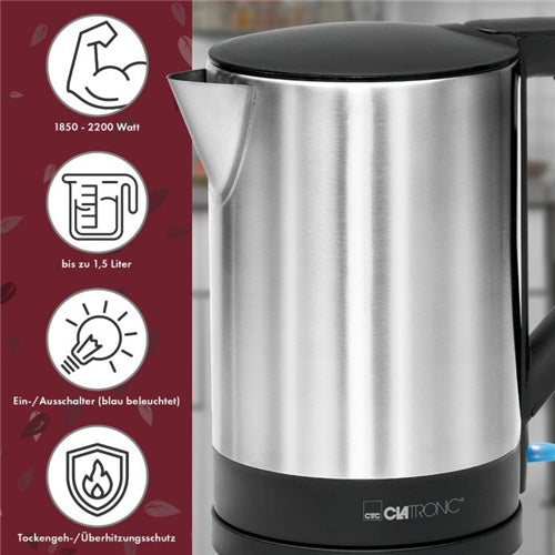 Clatronic WKS 3692 water kettle, for 1.5 l, 2,200 W, stainless steel,/black