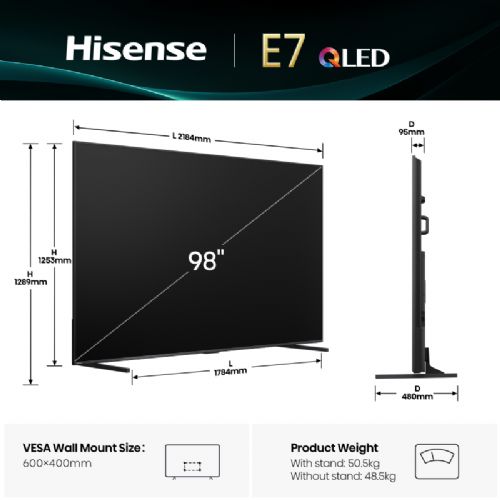 Televizor Hisense 98E7Q QLED TV, 247 cm (98"), 4K Ultra HD 3840x2160, Dolby vision, VIDAA Smart TV