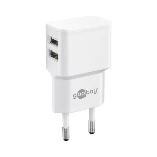 Goobay home phone charger, dual USB 2.4 A, 2x USB-A, charging two devices, input 100-240 V, white