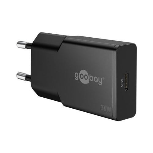Goobay USB-C PD GaN 30W home phone charger, slim, fast, overheating protection, black