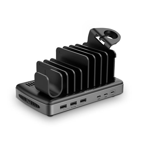 Lindy 160W 6-port home phone charger, 3x USB-C + 3x USB-A, PD 3.0/QC 4.0, LED display, SCP/OCP/OVP protection