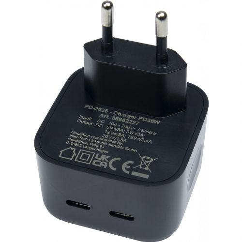 Inter-Tech PD-2036 home phone charger 2x USB-C, 36 W, fast charging, cable-free, black