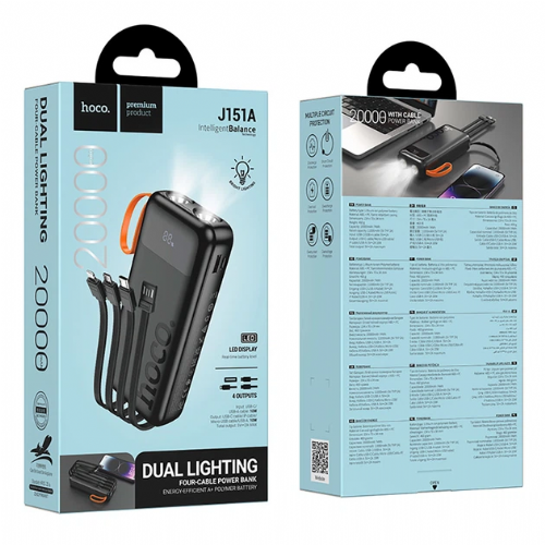 Power bank Hoco Spirit J151A 20000 mAh, 3 built-in cables, LED display, fast charging 22.5W, black