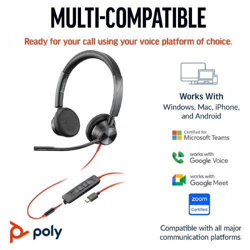 Slušalke Poly Blackwire 3325 Stereo Microsoft Teams Certified USB-C slušalke + 3,5 mm vtič + USB-C/A adapter (214016-01)