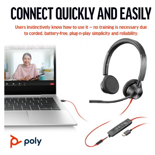 Slušalke Poly Blackwire 3325 Stereo Microsoft Teams Certified USB-C slušalke + 3,5 mm vtič + USB-C/A adapter (214016-01)