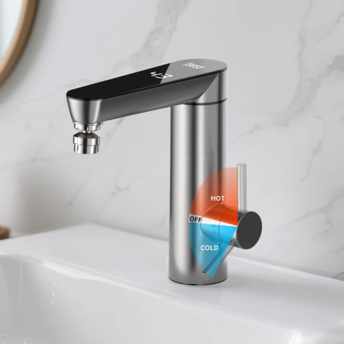 Inox LCD bathroom instantaneous electric water heater Teesa, 3000 W, 120° swivel spout, stainless steel